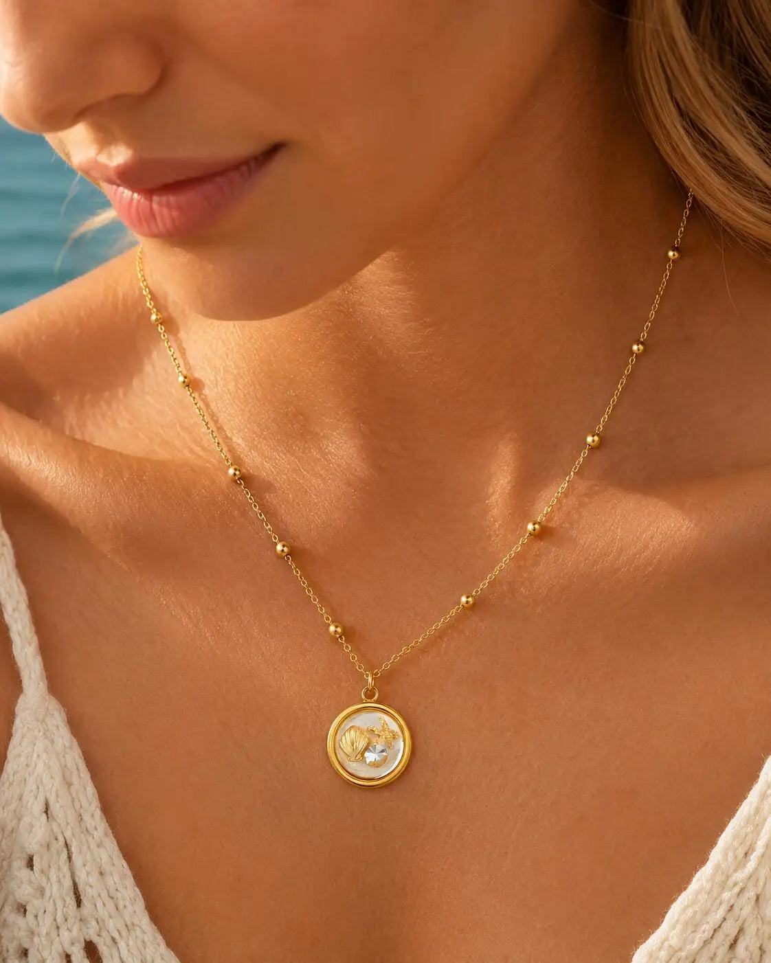 18K Gold Plated Stainless Steel Beach Charm Necklace with Pearl, Shell & Starfish