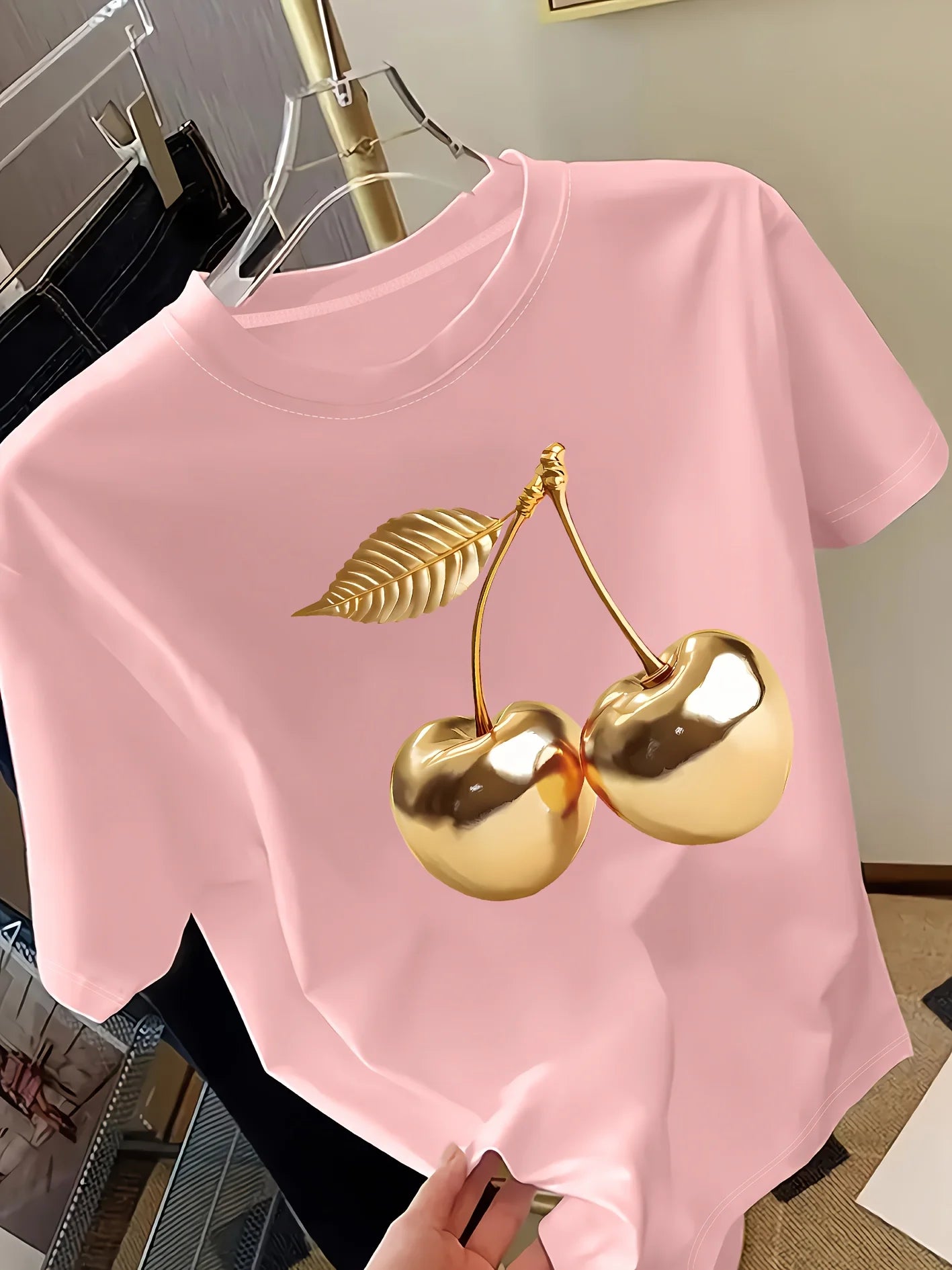 Golden Cherry Print Short Sleeve Casual T-Shirt