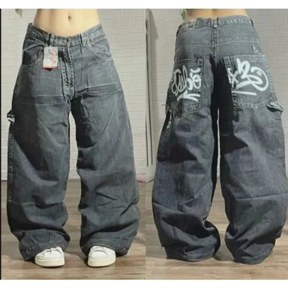 Relaxed Fit Wide Leg Denim Pants with Geometric Embroidery
