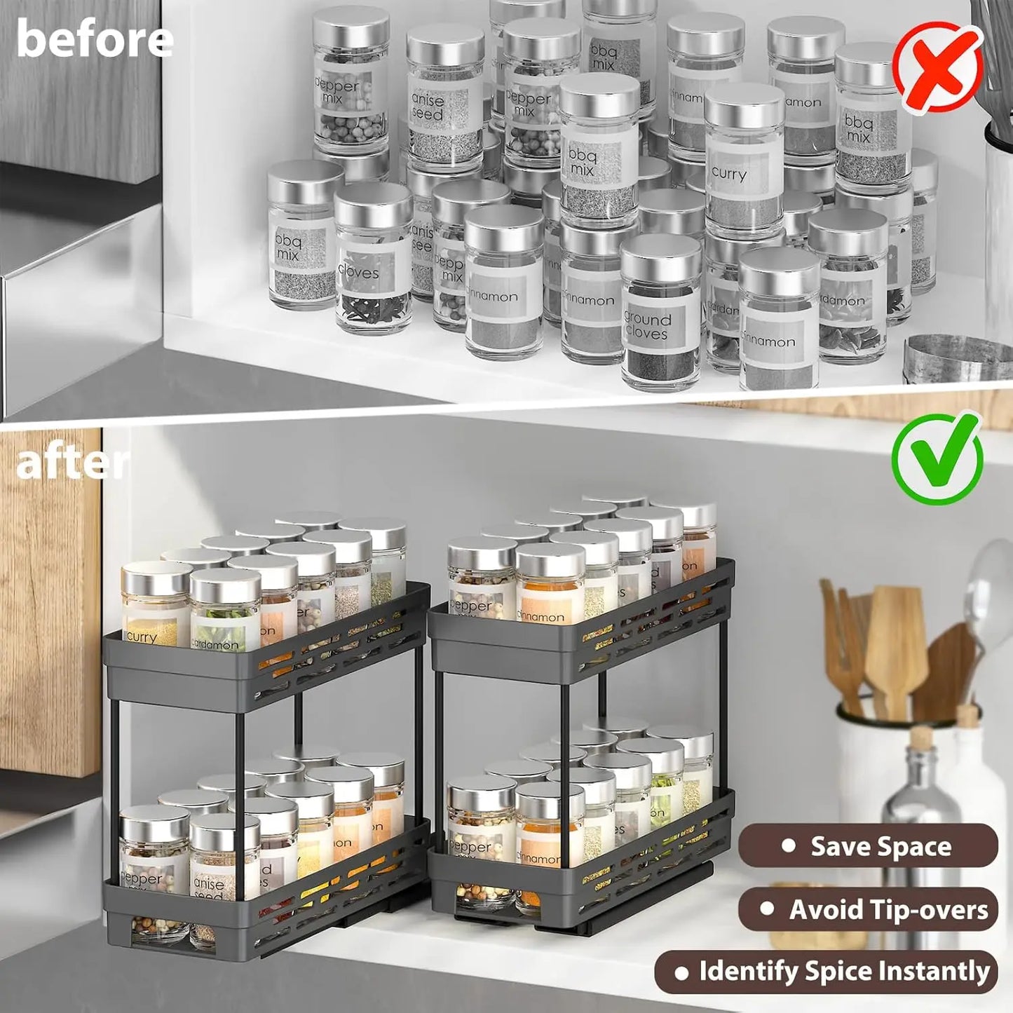2-Tier Pull-Out Spice Rack Organizer