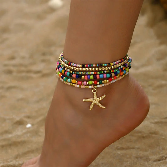 Bohemian Multi-Layer Beaded Anklet Set with Starfish Charm for Women