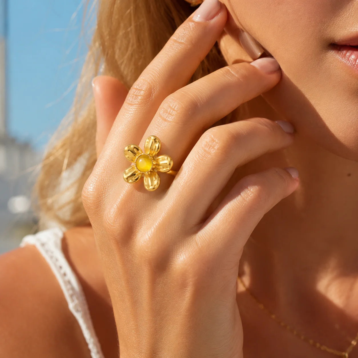 18K Gold Plated Vintage Hollow Floral Statement Ring for Women