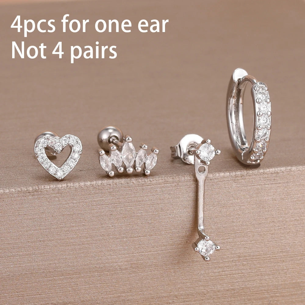 4-Piece Stainless Steel Zircon Huggie Hoop Earrings Set for Women