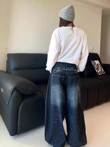 Premium Vintage Washed Wide Leg Cargo Jeans with Relaxed Baggy Fit