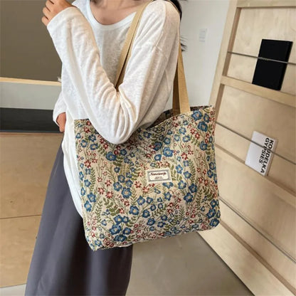 Embroidery Floral Canvas Handbags Delicate Blossom Pattern Tote Shoulder Bag for Women, Casual Outing, Work, Everyday Essentials