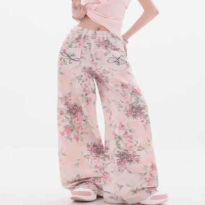 Embroidered Wide-Leg Denim Jeans with Printed Design