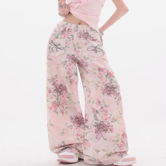 Embroidered Wide-Leg Denim Jeans with Printed Design