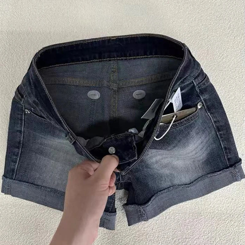 Low Rise Deep Blue Distressed Denim Shorts with Roll-Up Hem