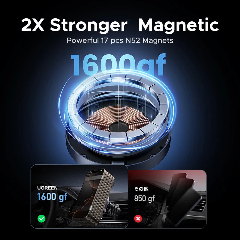 15W Magnetic Wireless Car Charger Phone Holder with LED Light for iPhone 16, 17 Pro Max & MagSafe Compatible Devices