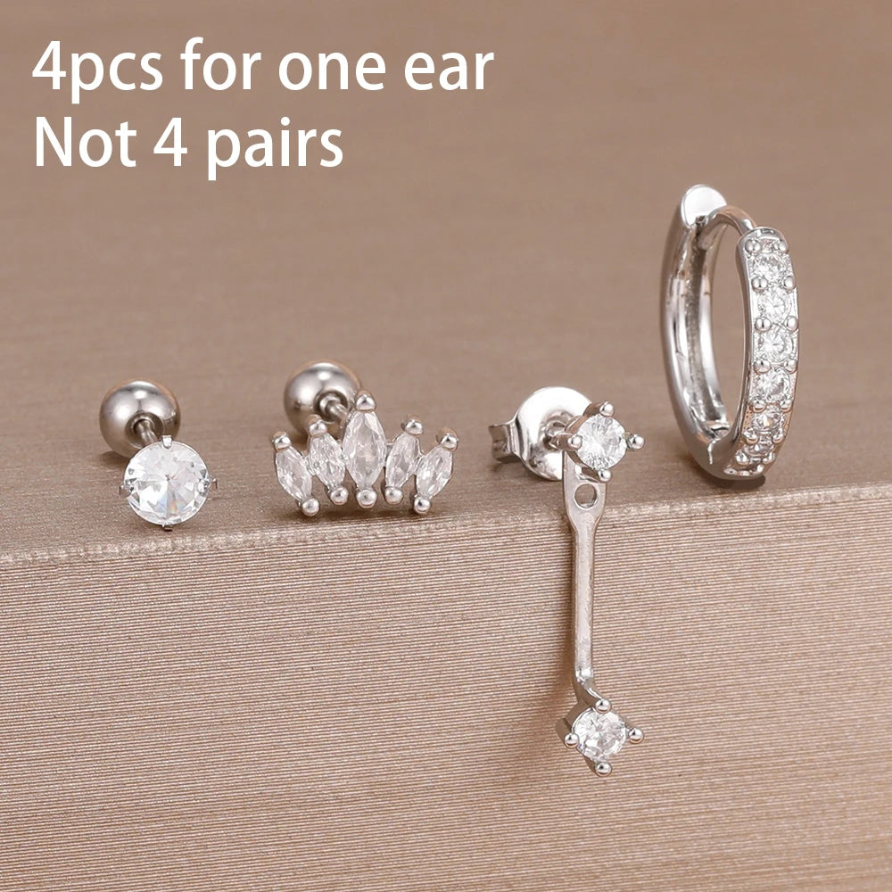 4-Piece Stainless Steel Zircon Huggie Hoop Earrings Set for Women