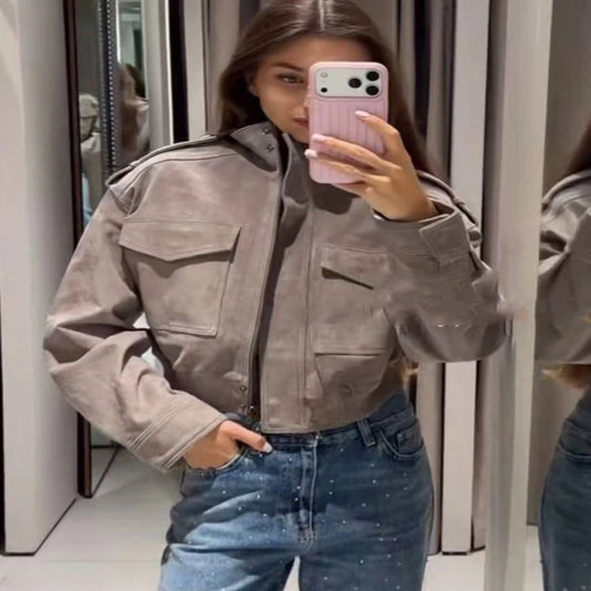 Faux Suede Short Zip-Up Jacket