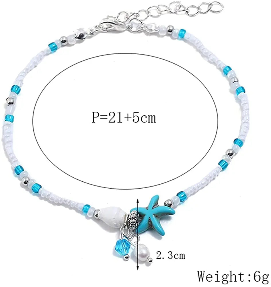 Bohemian Turquoise Starfish Beaded Anklet with Adjustable Chain