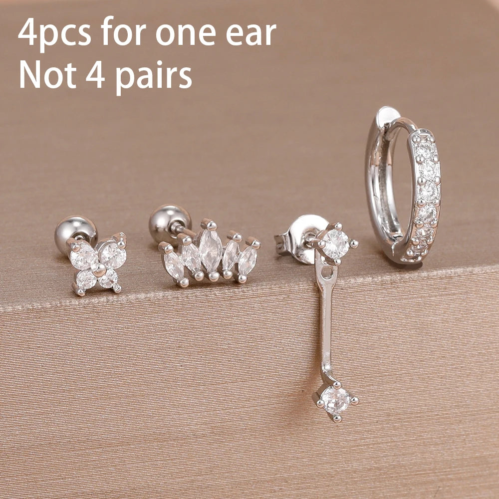 4-Piece Stainless Steel Zircon Huggie Hoop Earrings Set for Women