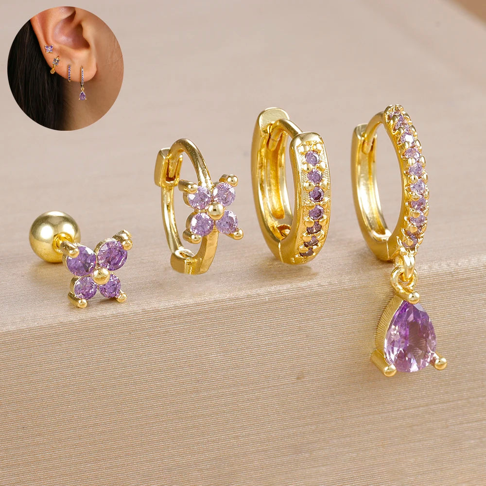 4-Piece Stainless Steel Zircon Huggie Hoop Earrings Set for Women