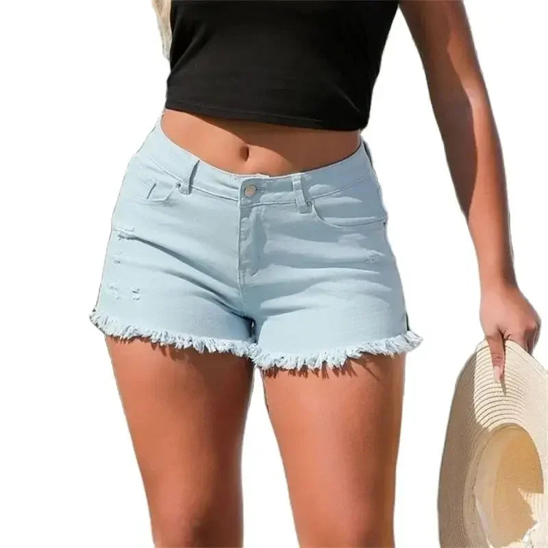 Vintage High Waist Distressed Denim Shorts with Split Tassel Hem & Cutout Detail