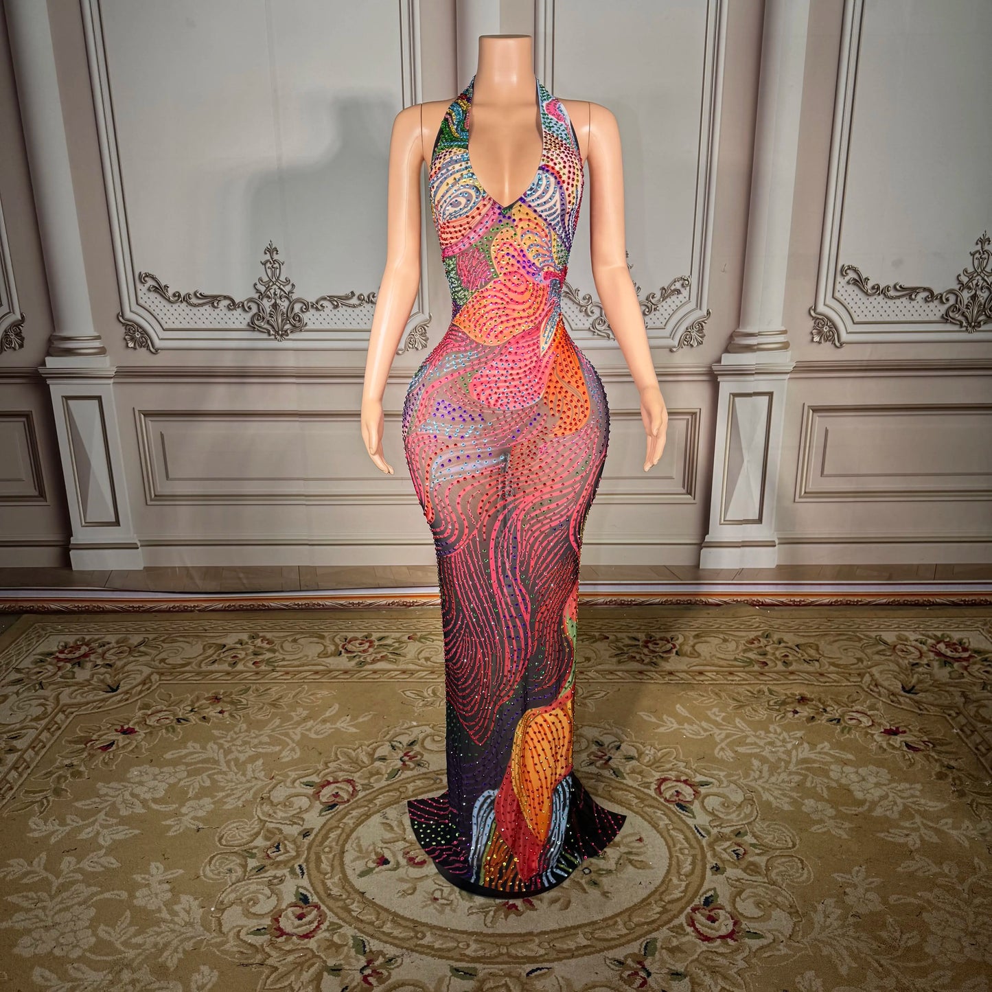 Plus Size Sheer Mesh Party Dress with Low Back & Rhinestone Detail