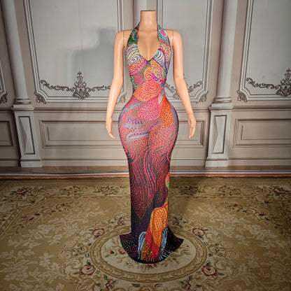 Plus Size Sheer Mesh Party Dress with Low Back & Rhinestone Detail