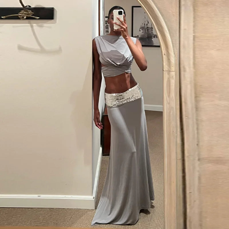 Sleeveless O-Neck Backless Two-Piece Maxi Skirt Set