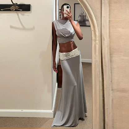 Sleeveless O-Neck Backless Two-Piece Maxi Skirt Set