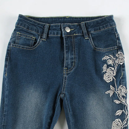 Low-Rise Flared Denim Jeans with Embroidered Distressed Wash