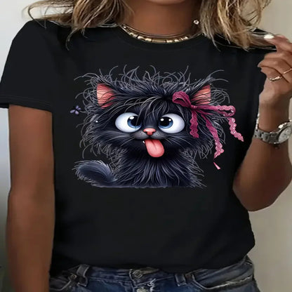 Funny Fried Cat Graphic Short Sleeve Casual T-Shirt