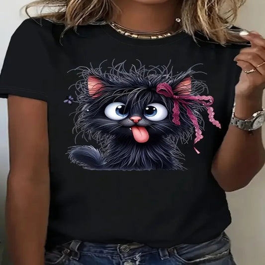 Funny Fried Cat Graphic Short Sleeve Casual T-Shirt