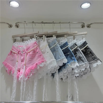 Raw Hem Denim Shorts with Crochet Lace Trim & Pearl Belt