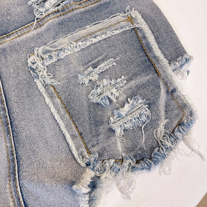 High Waist Hollow Out Ripped Denim Shorts