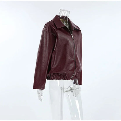 Faux Leather Lapel Zipper Jacket