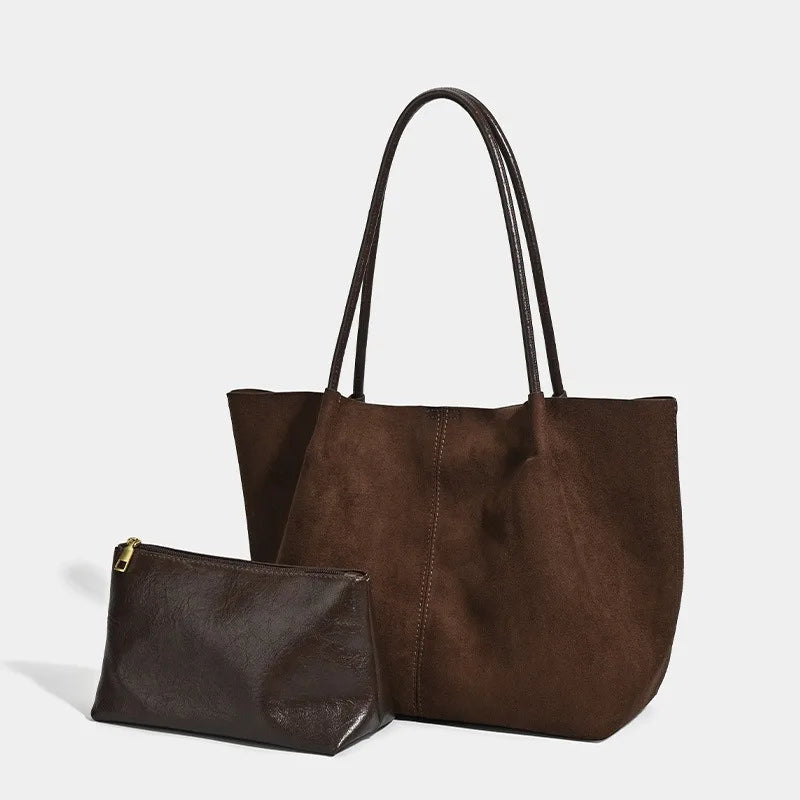 Vintage Suede Tote Bag Set Large Handbags Shoulder Bag with Zipper Pouch, Retro Faux Suede Composite Bag Handbag Purse for Women
