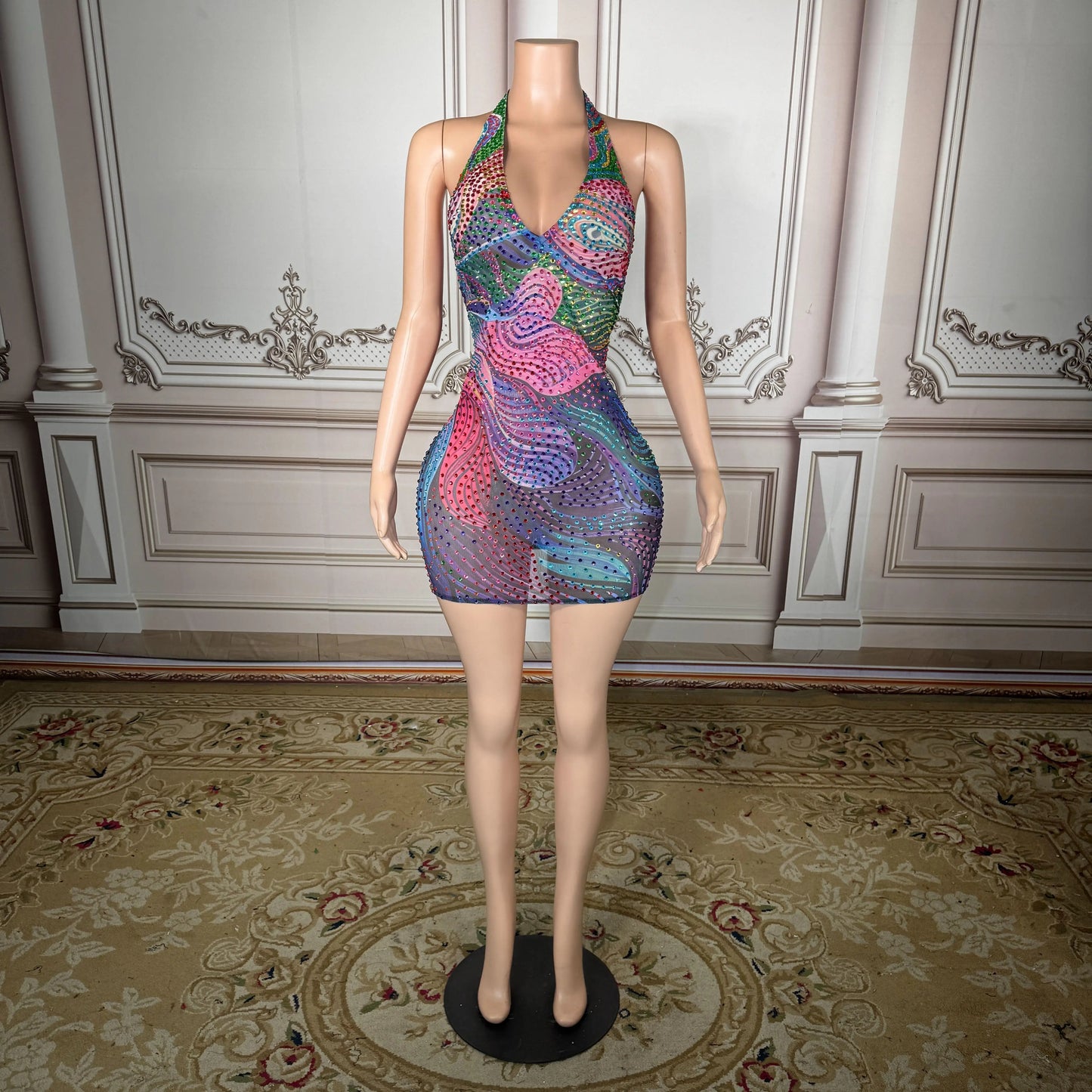 Plus Size Sheer Mesh Party Dress with Low Back & Rhinestone Detail