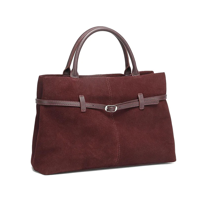BURMINSA Large Genuine Suede Leather Work Tote Bag Women Vintage Cowhide Top Handle Shoulder Bag Daily Office Commuter Handbags