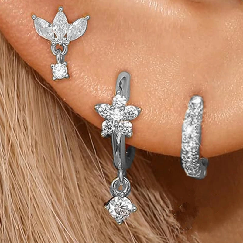 3-Piece Stainless Steel Zircon Huggie Hoop Earrings Set for Women