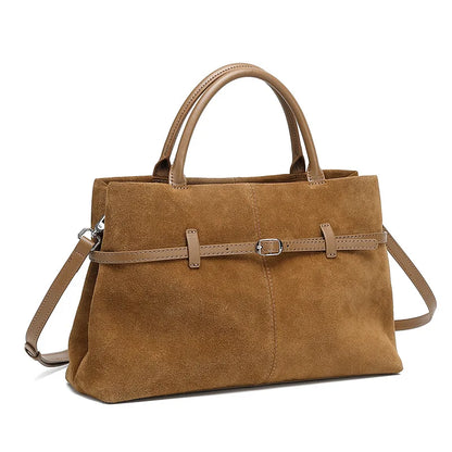 BURMINSA Large Genuine Suede Leather Work Tote Bag Women Vintage Cowhide Top Handle Shoulder Bag Daily Office Commuter Handbags