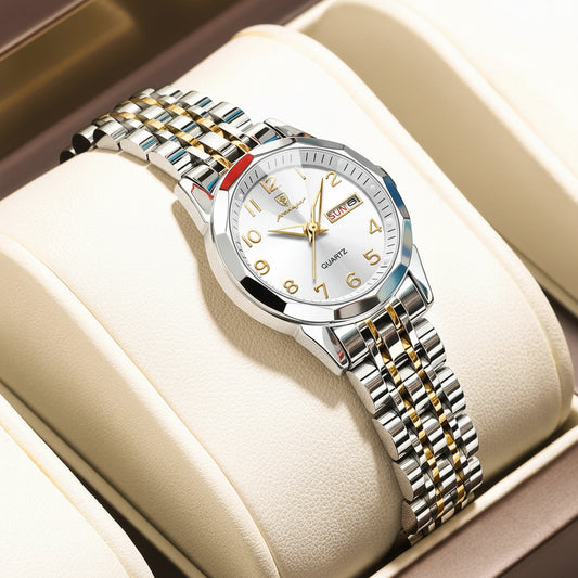 Luxury Stainless Steel Quartz Wrist Watch with Luminous Week & Date Display