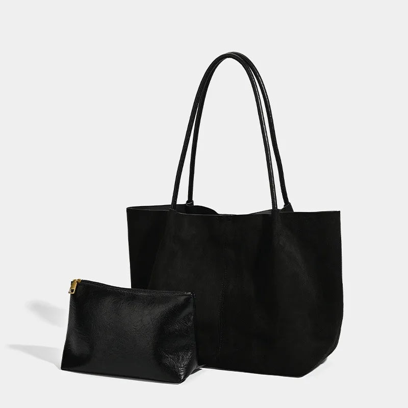 Vintage Suede Tote Bag Set Large Handbags Shoulder Bag with Zipper Pouch, Retro Faux Suede Composite Bag Handbag Purse for Women