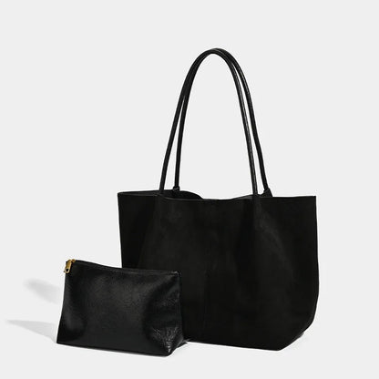 Vintage Suede Tote Bag Set Large Handbags Shoulder Bag with Zipper Pouch, Retro Faux Suede Composite Bag Handbag Purse for Women