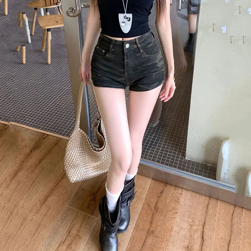 High Waist Camouflage Denim Shorts