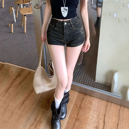 High Waist Camouflage Denim Shorts