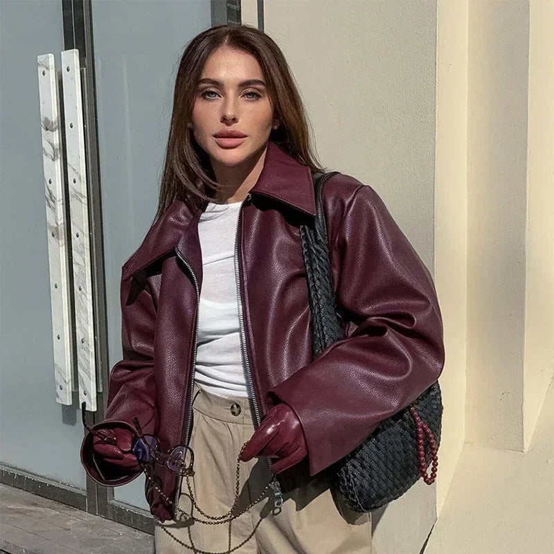 Faux Leather Lapel Zipper Jacket