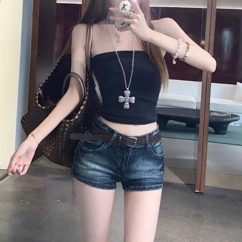 Vintage Low Rise Deep Blue Bodycon Slim Fit Denim Shorts