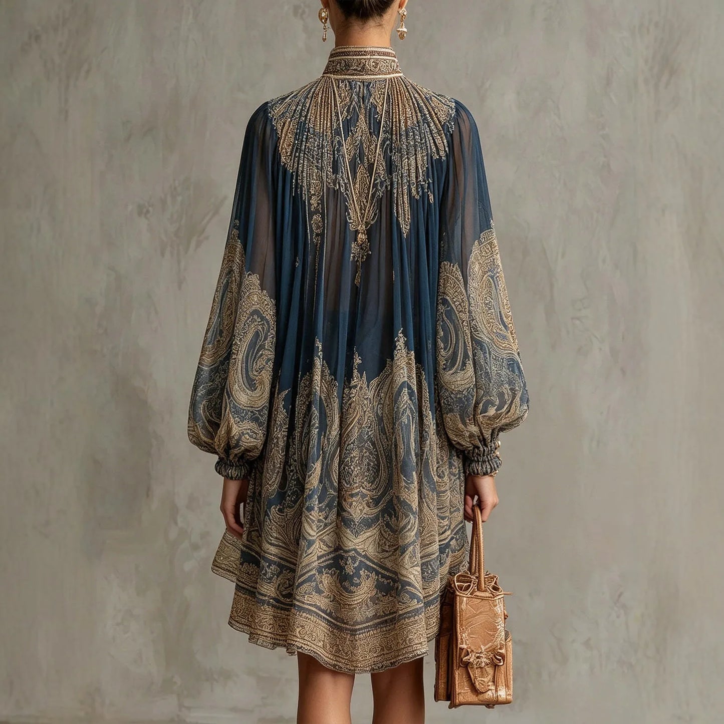 Printed High Neck Long Sleeve Chiffon Maxi Dress
