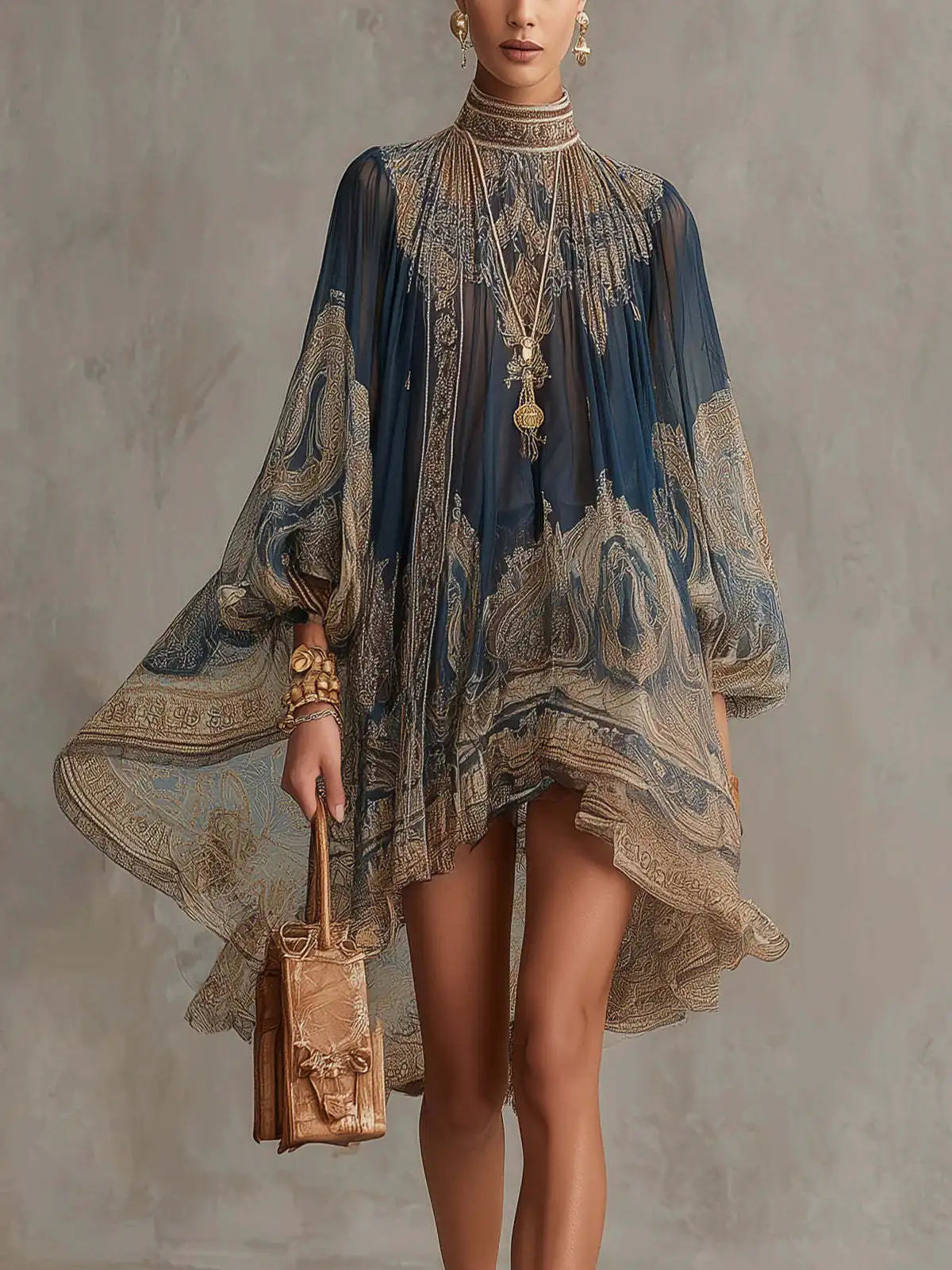 Printed High Neck Long Sleeve Chiffon Maxi Dress