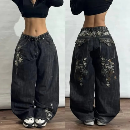 Relaxed Fit Wide Leg Denim Pants with Geometric Embroidery