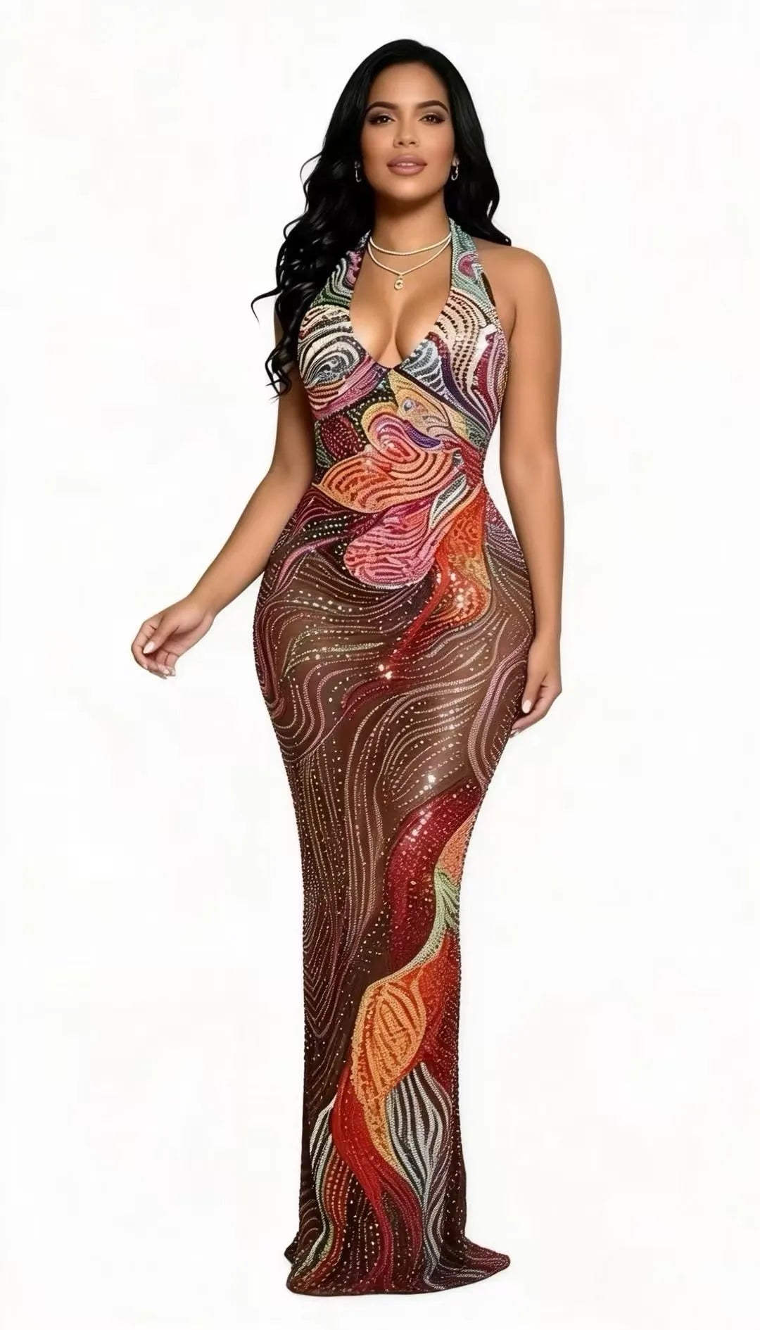 Plus Size Sheer Mesh Party Dress with Low Back & Rhinestone Detail