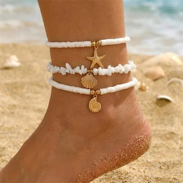 Bohemian Multi-Layer Beaded Anklet Set with Starfish Charm for Women