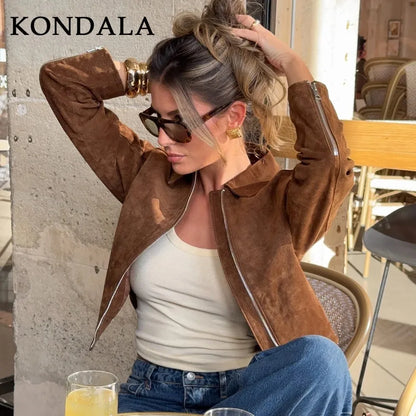 KONDALA 2025 Fall Winter Suede Zip Up Streetwear Women Jackets Fashion Casual Turndown Collar Brown Chic Elegant Ladies Jackets