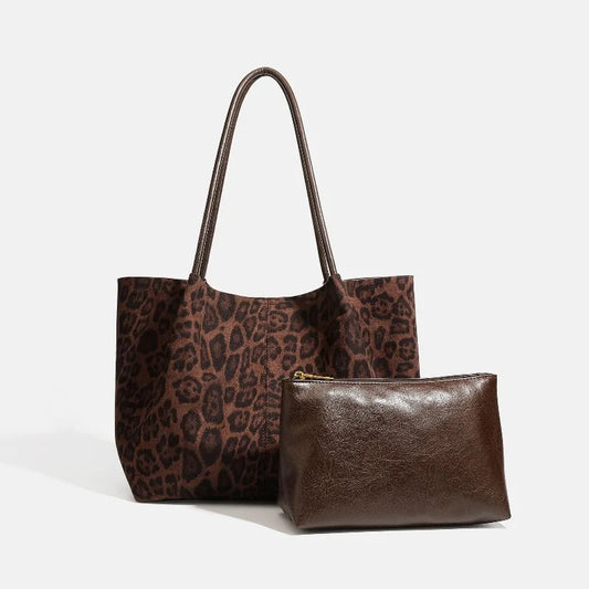 Vintage Suede Tote Bag Set Large Handbags Shoulder Bag with Zipper Pouch, Retro Faux Suede Composite Bag Handbag Purse for Women