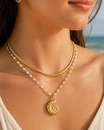 18K Gold Plated Stainless Steel Beach Charm Necklace with Pearl, Shell & Starfish