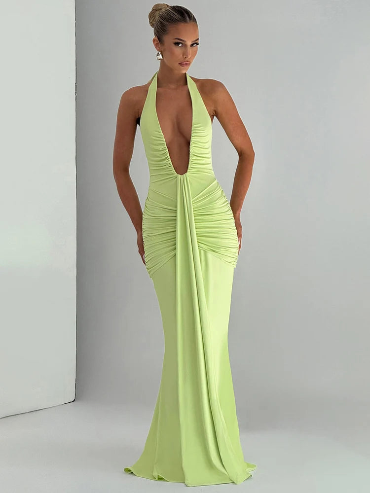 Deep V-Neck Halter Sleeveless Backless Ruched Maxi Dress